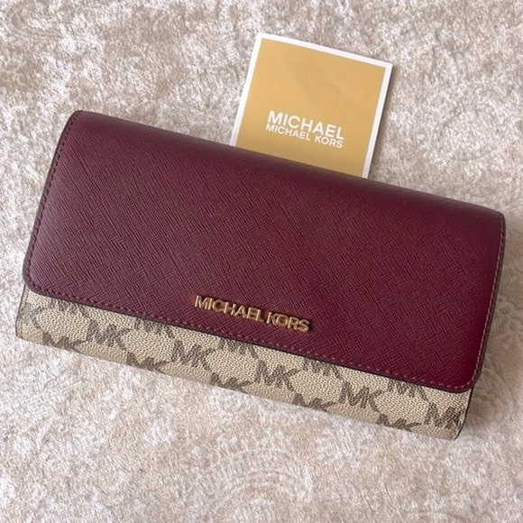 Brand New Michael Kors Large Snap Close Wallet Merlot w/ Neutral Logo Print - Picture 2 of 15